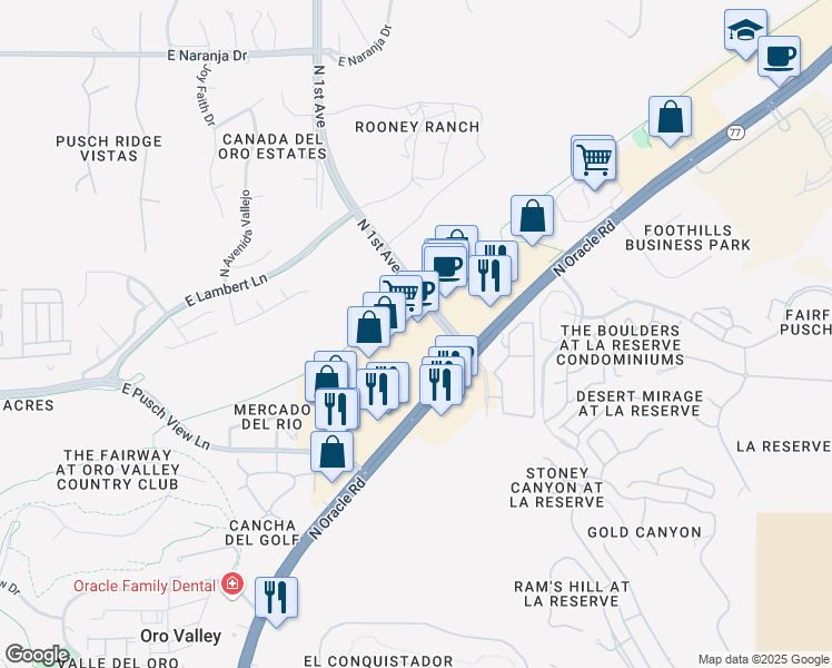 map of restaurants, bars, coffee shops, grocery stores, and more near 10661 North Oracle Road in Oro Valley