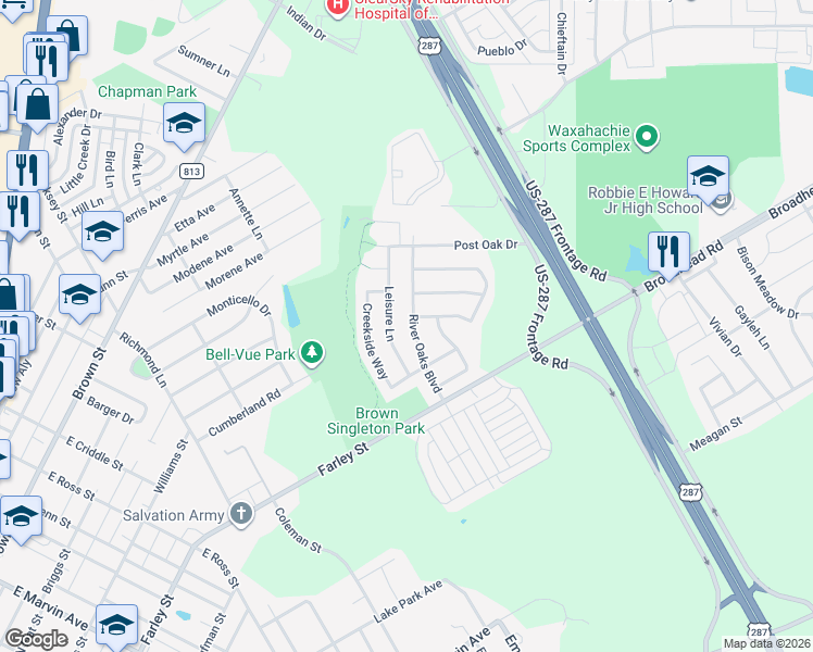 map of restaurants, bars, coffee shops, grocery stores, and more near 313 River Oaks Boulevard in Waxahachie