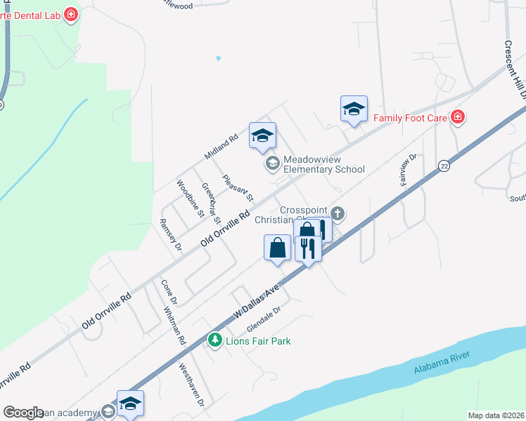 map of restaurants, bars, coffee shops, grocery stores, and more near 2003 Old Orrville Road in Selma