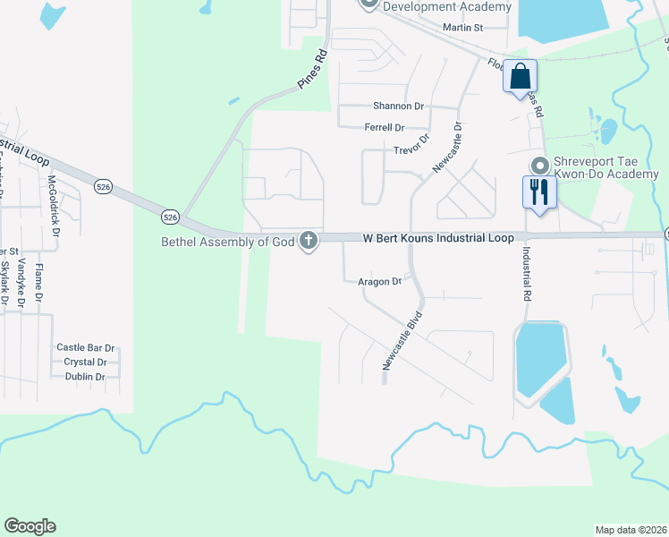 map of restaurants, bars, coffee shops, grocery stores, and more near 9228 West Aragon Drive in Shreveport