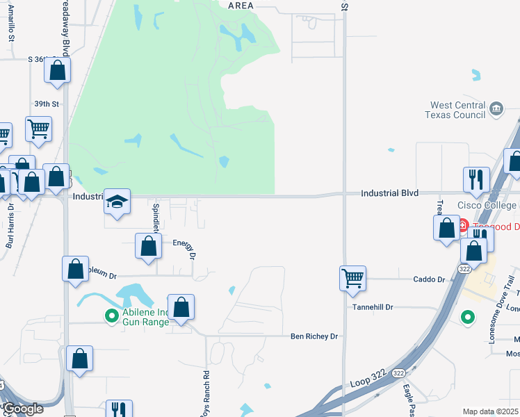 map of restaurants, bars, coffee shops, grocery stores, and more near 717 Industrial Boulevard in Abilene
