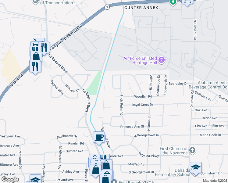 map of restaurants, bars, coffee shops, grocery stores, and more near 1315 Pine Ridge Road in Montgomery
