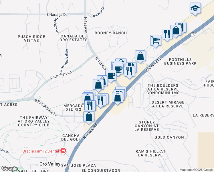 map of restaurants, bars, coffee shops, grocery stores, and more near 10661 North Oracle Road in Oro Valley