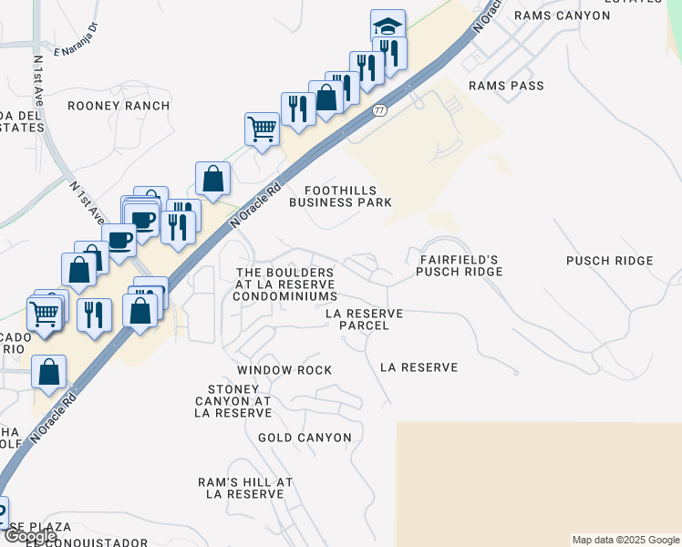 map of restaurants, bars, coffee shops, grocery stores, and more near 1500 East Pusch Wilderness Drive in Oro Valley