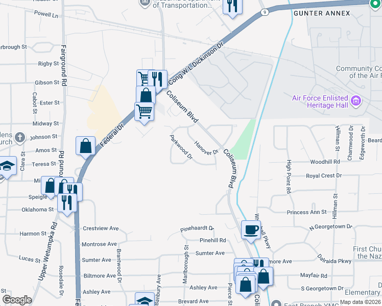 map of restaurants, bars, coffee shops, grocery stores, and more near 957 Hanover Drive in Montgomery