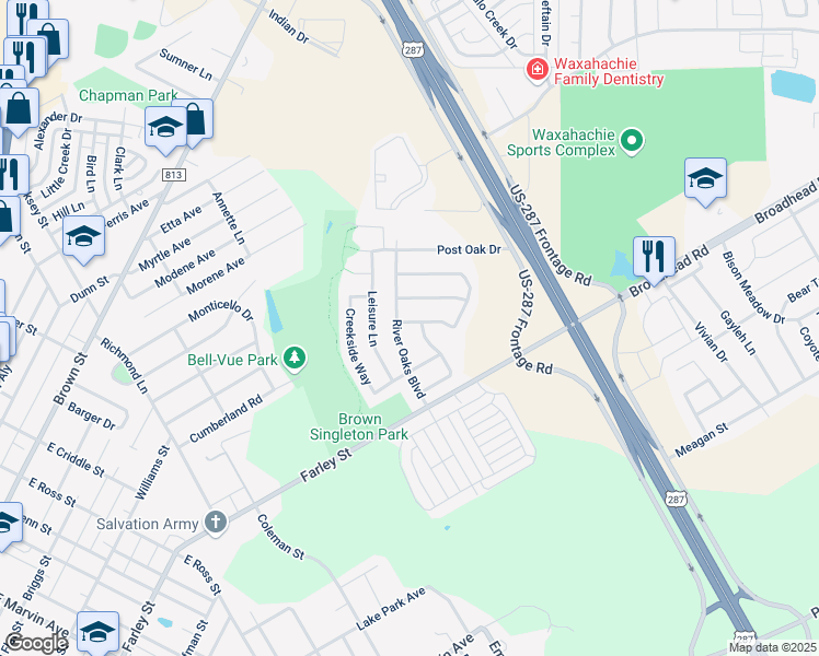 map of restaurants, bars, coffee shops, grocery stores, and more near 102 Tanglewood Lane in Waxahachie