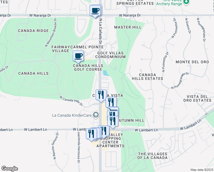 map of restaurants, bars, coffee shops, grocery stores, and more near 10700 North La Cañada Drive in Oro Valley