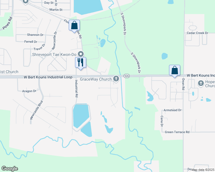 map of restaurants, bars, coffee shops, grocery stores, and more near 4802 Bramble Way in Shreveport