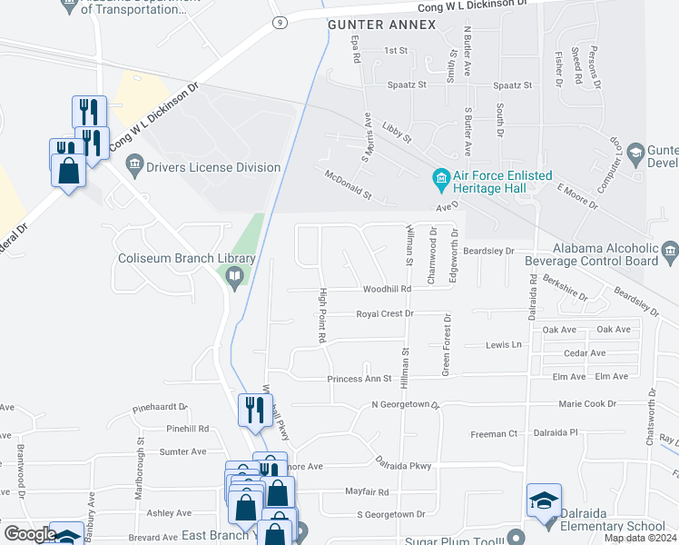 map of restaurants, bars, coffee shops, grocery stores, and more near 1219 Pama Court in Montgomery