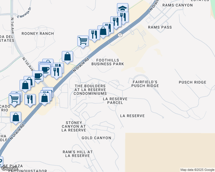 map of restaurants, bars, coffee shops, grocery stores, and more near 1500 East Pusch Wilderness Drive in Oro Valley