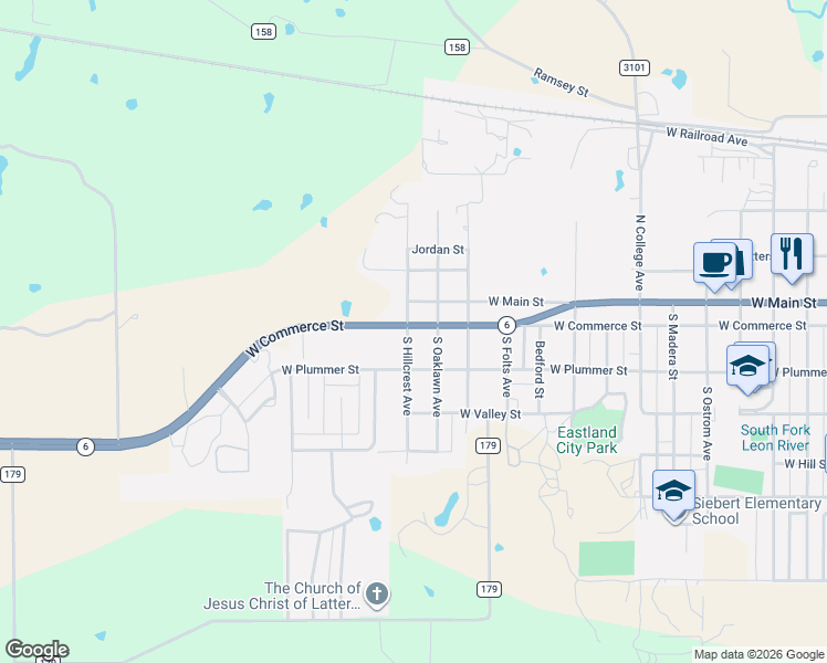 map of restaurants, bars, coffee shops, grocery stores, and more near 102 South Hillcrest Avenue in Eastland