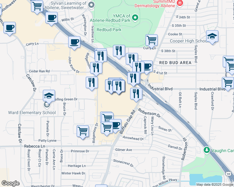 map of restaurants, bars, coffee shops, grocery stores, and more near 4310 Buffalo Gap Road in Abilene