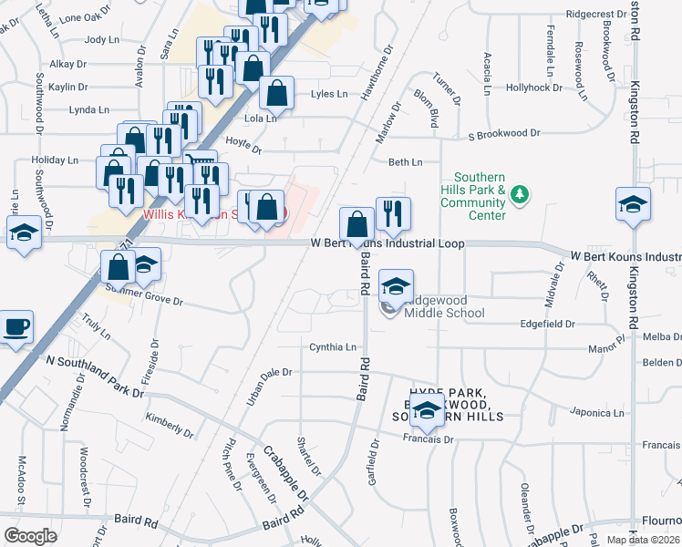 map of restaurants, bars, coffee shops, grocery stores, and more near 2111 West Bert Kouns Industrial Loop in Shreveport