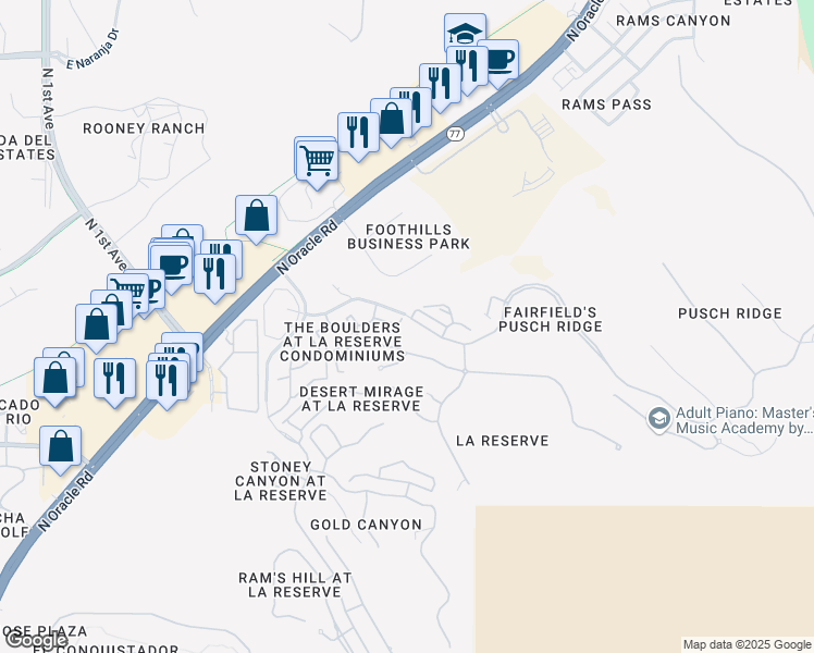 map of restaurants, bars, coffee shops, grocery stores, and more near 1573 East Pusch Wilderness Drive in Oro Valley