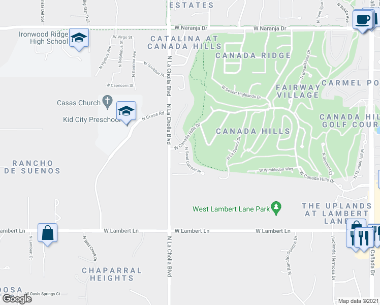 map of restaurants, bars, coffee shops, grocery stores, and more near 10706 North Sand Canyon Place in Tucson