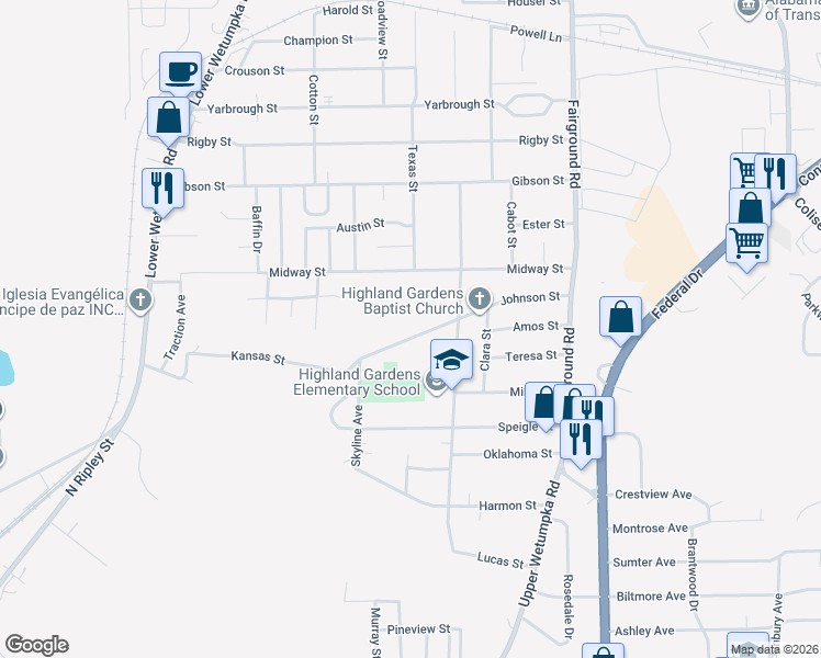 map of restaurants, bars, coffee shops, grocery stores, and more near 1955 Johnson Street in Montgomery