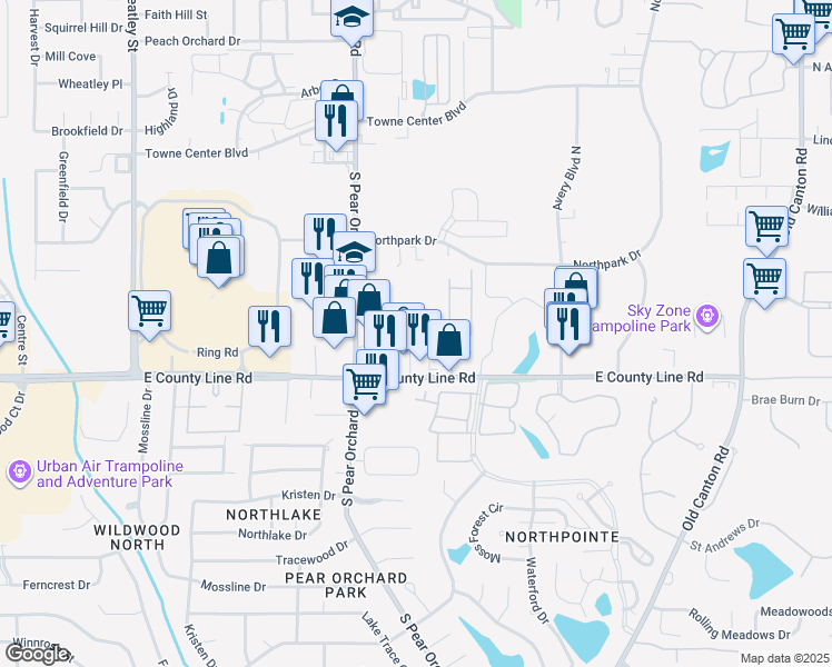 map of restaurants, bars, coffee shops, grocery stores, and more near 406 Orchard Park in Ridgeland
