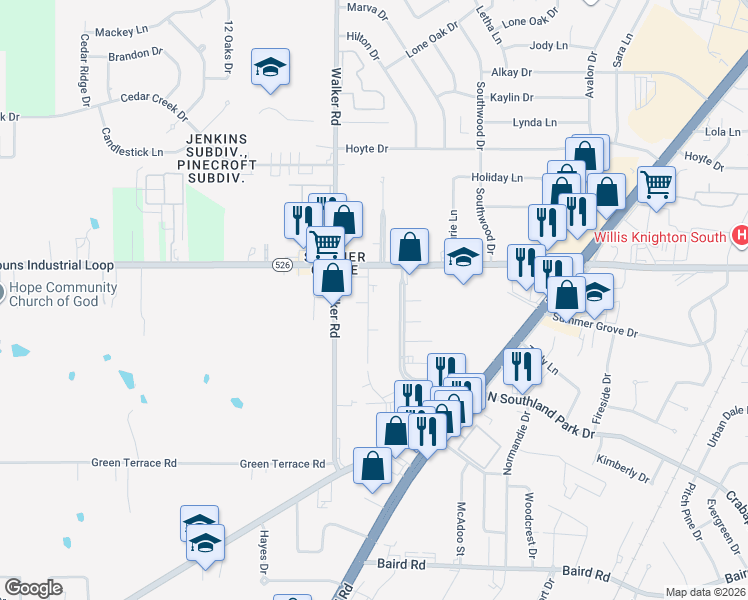 map of restaurants, bars, coffee shops, grocery stores, and more near 9221 Simmons Place in Shreveport