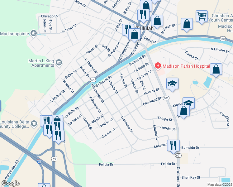 map of restaurants, bars, coffee shops, grocery stores, and more near 801-899 Florida Street in Tallulah