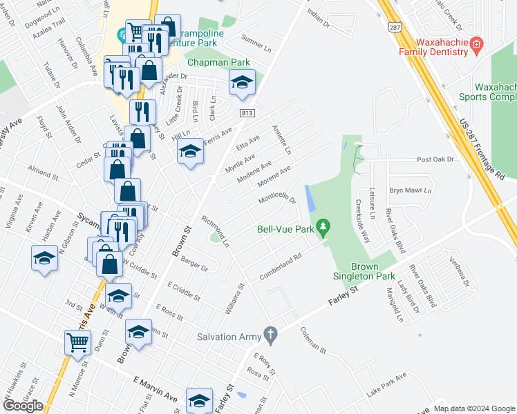 map of restaurants, bars, coffee shops, grocery stores, and more near 204 Monticello Drive in Waxahachie