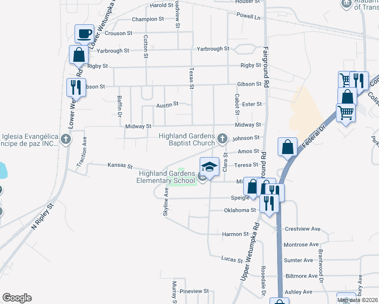 map of restaurants, bars, coffee shops, grocery stores, and more near 1955 Johnson Street in Montgomery