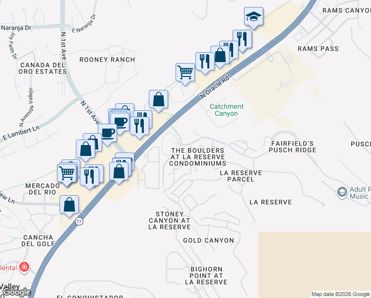 map of restaurants, bars, coffee shops, grocery stores, and more near 1500 East Pusch Wilderness Drive in Tucson