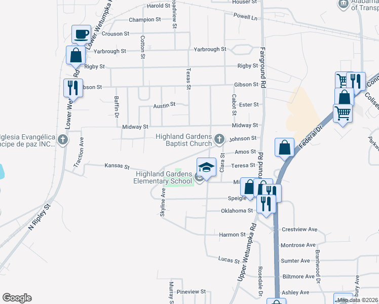 map of restaurants, bars, coffee shops, grocery stores, and more near 1955 Johnson Street in Montgomery