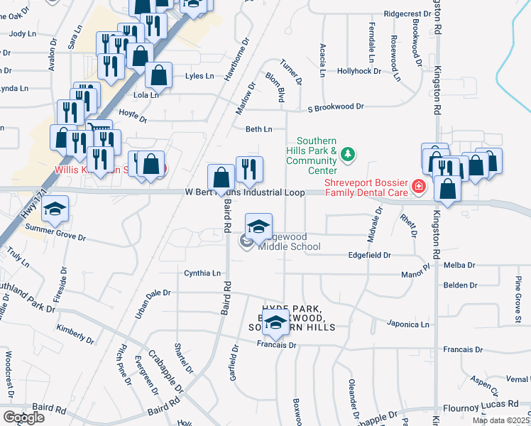 map of restaurants, bars, coffee shops, grocery stores, and more near 2021 West Bert Kouns Industrial Loop in Shreveport