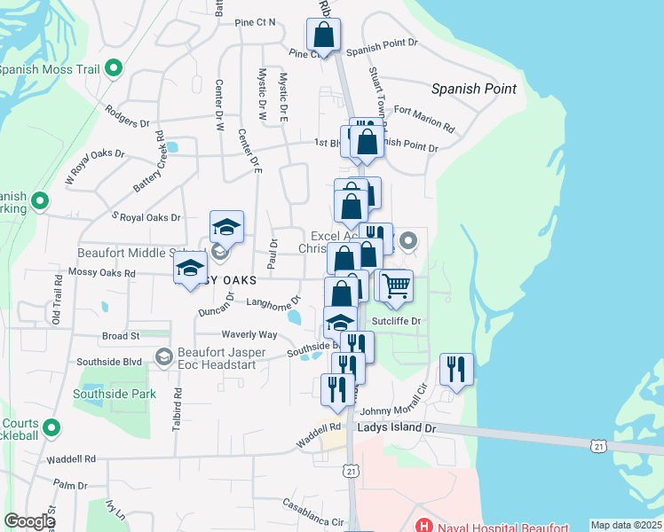 map of restaurants, bars, coffee shops, grocery stores, and more near 2201 State Road S-7-151 in Beaufort