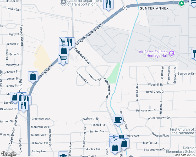 map of restaurants, bars, coffee shops, grocery stores, and more near 928 Hanover Drive in Montgomery