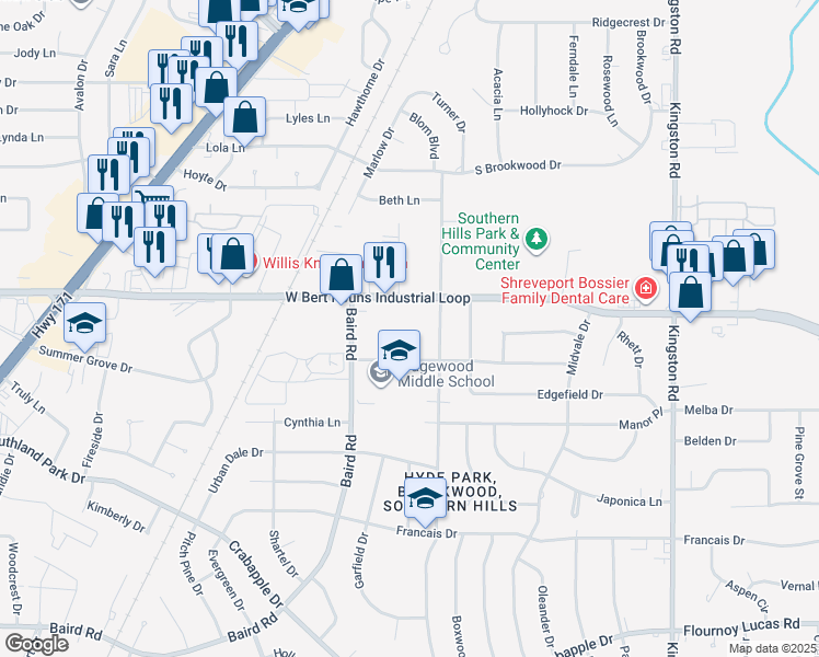 map of restaurants, bars, coffee shops, grocery stores, and more near 2021 West Bert Kouns Industrial Loop in Shreveport