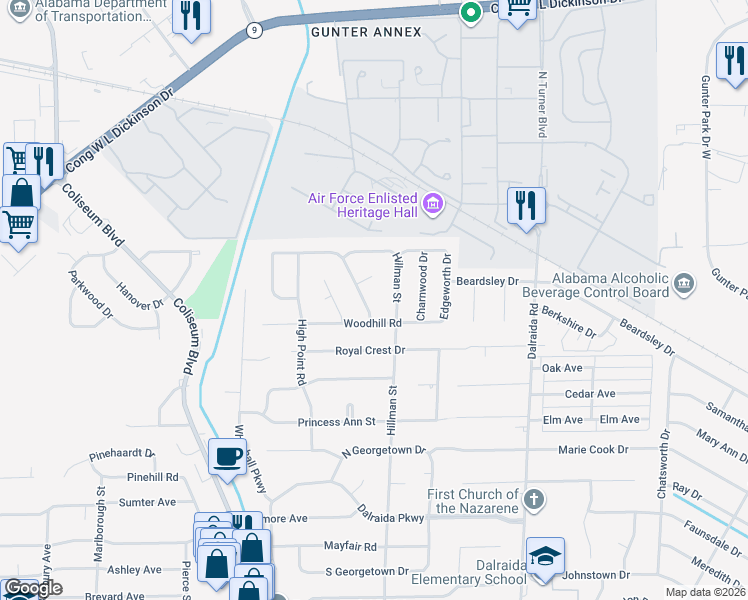 map of restaurants, bars, coffee shops, grocery stores, and more near 1527 Pine Ridge Court in Montgomery