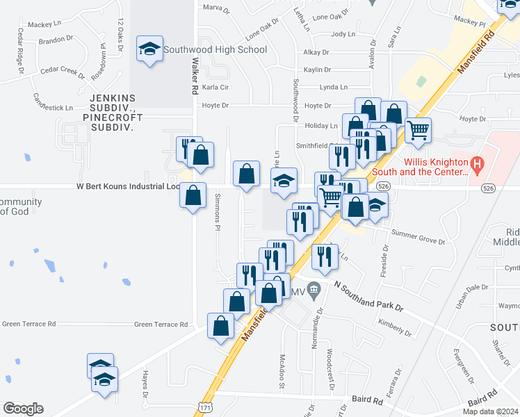 map of restaurants, bars, coffee shops, grocery stores, and more near 3002 Hazel Circle in Shreveport