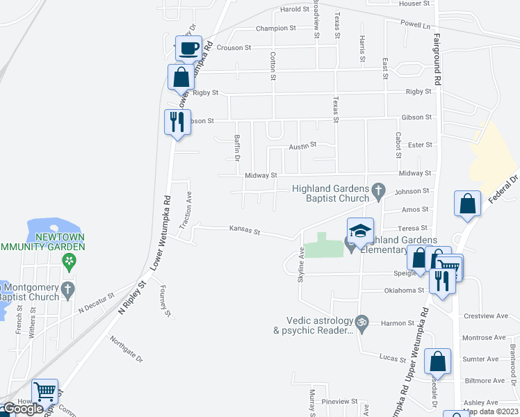 map of restaurants, bars, coffee shops, grocery stores, and more near 2900 El Paso Court in Montgomery