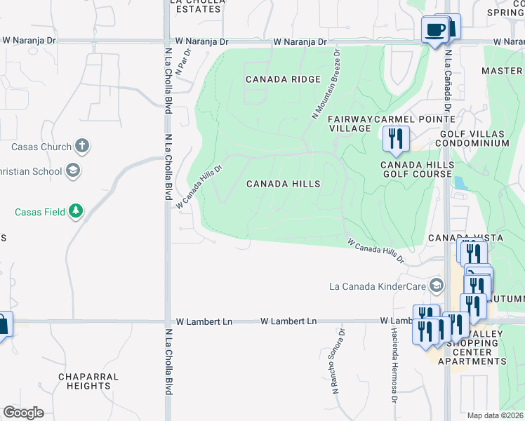 map of restaurants, bars, coffee shops, grocery stores, and more near 1871 West La Quinta Place in Tucson