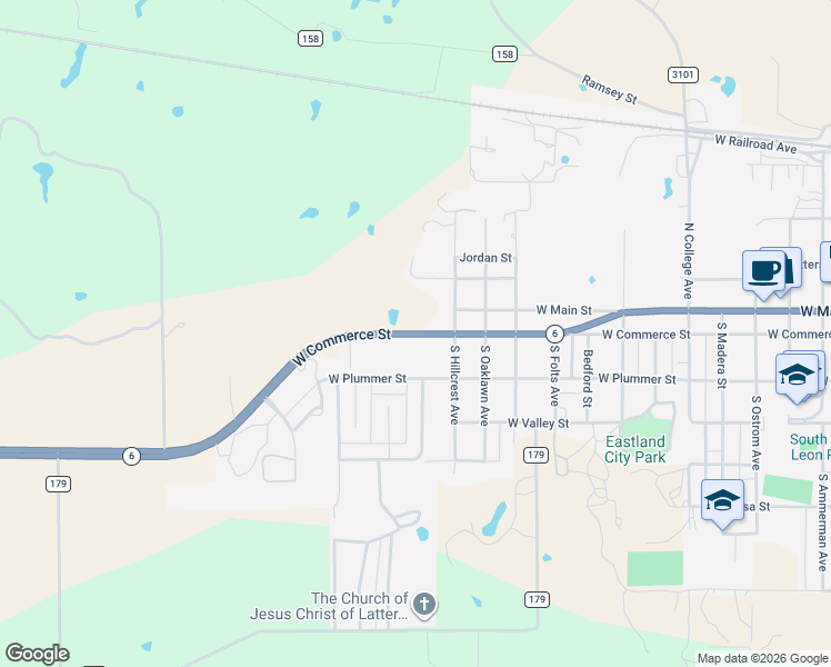 map of restaurants, bars, coffee shops, grocery stores, and more near 2300 West Commerce Street in Eastland