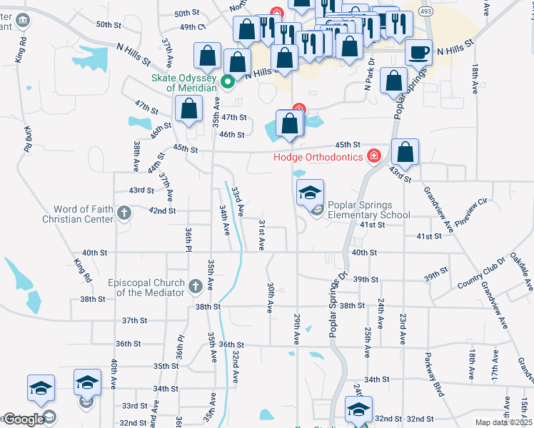 map of restaurants, bars, coffee shops, grocery stores, and more near 4113 31st Avenue in Meridian