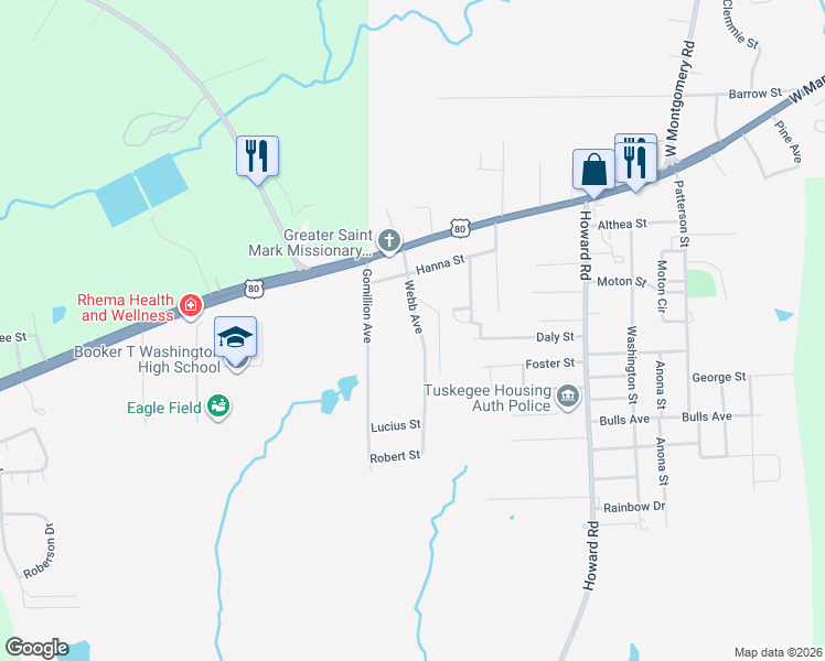 map of restaurants, bars, coffee shops, grocery stores, and more near 302 Webb Avenue in Tuskegee