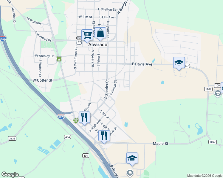 map of restaurants, bars, coffee shops, grocery stores, and more near 605 South Baugh Street in Alvarado
