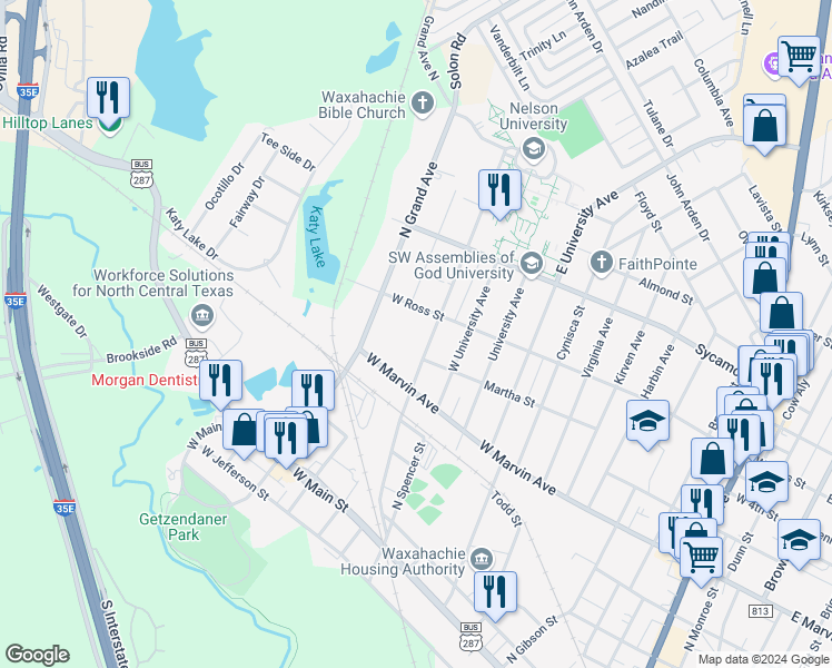 map of restaurants, bars, coffee shops, grocery stores, and more near 1411 West Ross Street in Waxahachie