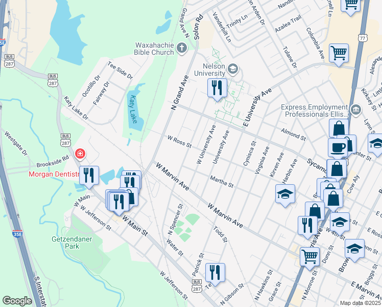 map of restaurants, bars, coffee shops, grocery stores, and more near 520 Highland Avenue in Waxahachie