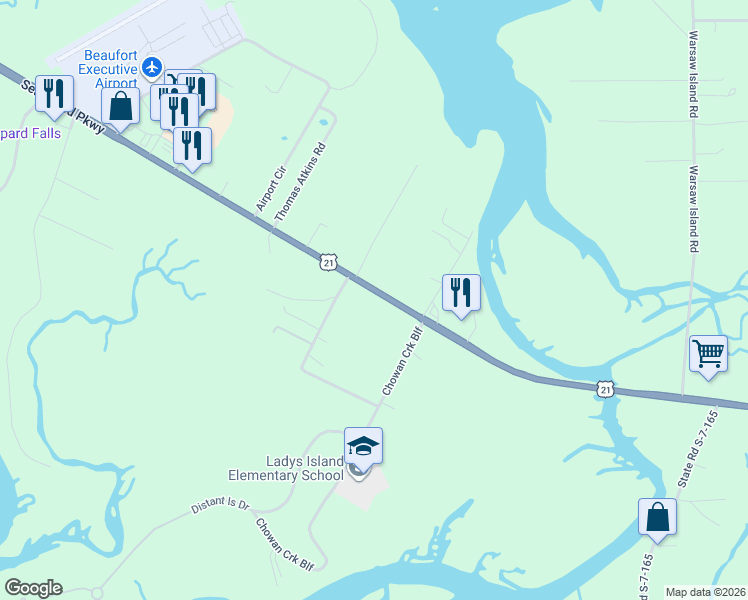 map of restaurants, bars, coffee shops, grocery stores, and more near 361 Sea Island Parkway in Beaufort