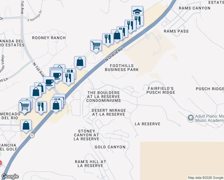 map of restaurants, bars, coffee shops, grocery stores, and more near 1500 East Pusch Wilderness Drive in Oro Valley