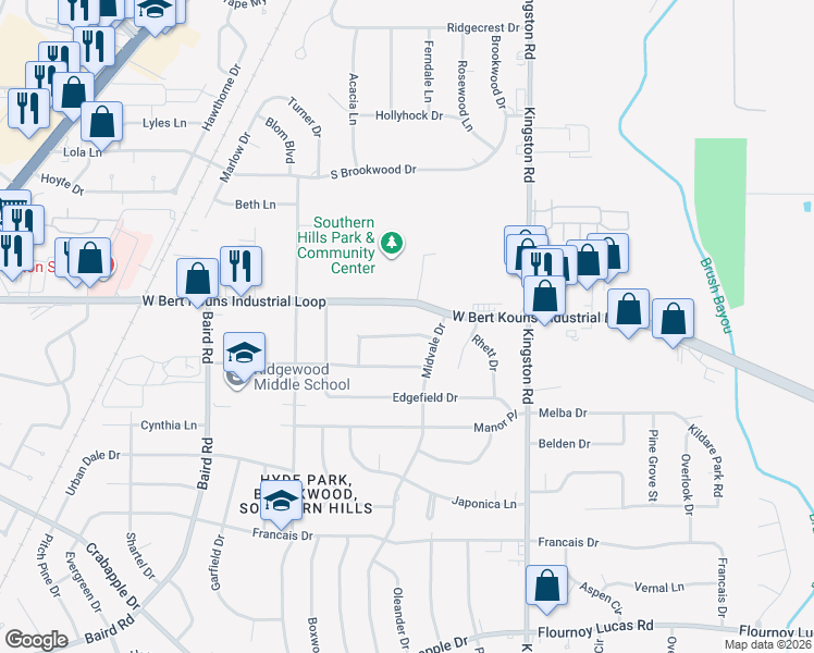 map of restaurants, bars, coffee shops, grocery stores, and more near 1012 Belhaven Avenue in Shreveport