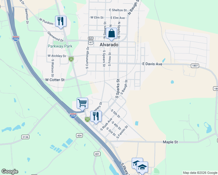 map of restaurants, bars, coffee shops, grocery stores, and more near 601 South Spears Street in Alvarado