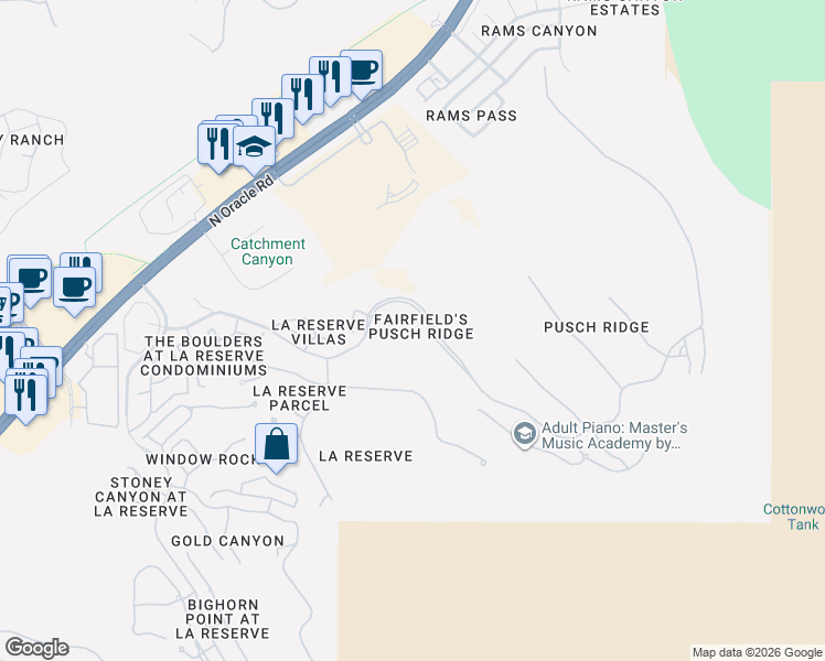 map of restaurants, bars, coffee shops, grocery stores, and more near 2150 East Ponticello Boulevard in Oro Valley