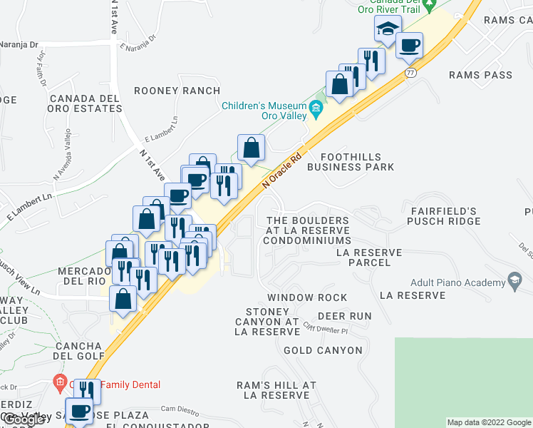 map of restaurants, bars, coffee shops, grocery stores, and more near 10701 North La Reserve Drive in Oro Valley