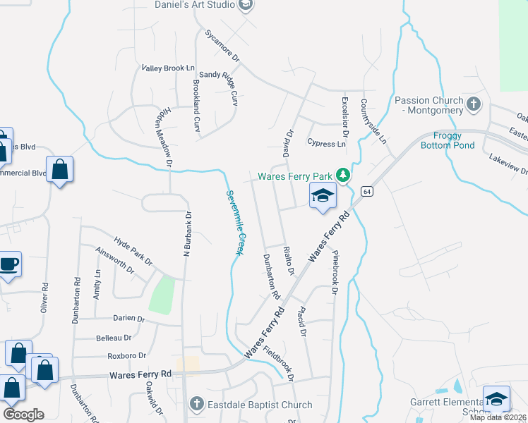 map of restaurants, bars, coffee shops, grocery stores, and more near 905 Rialto Drive in Montgomery