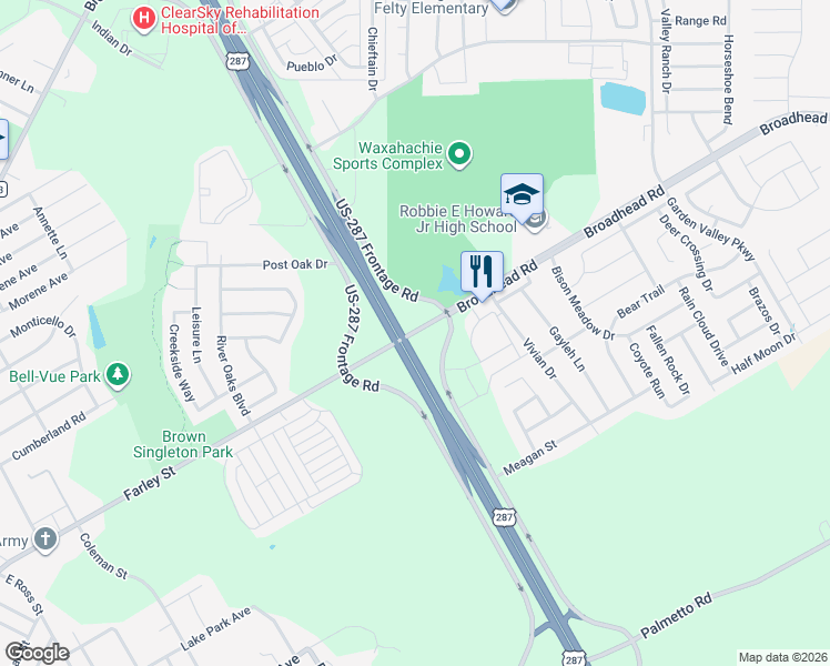 map of restaurants, bars, coffee shops, grocery stores, and more near 1100 Farley Street in Waxahachie