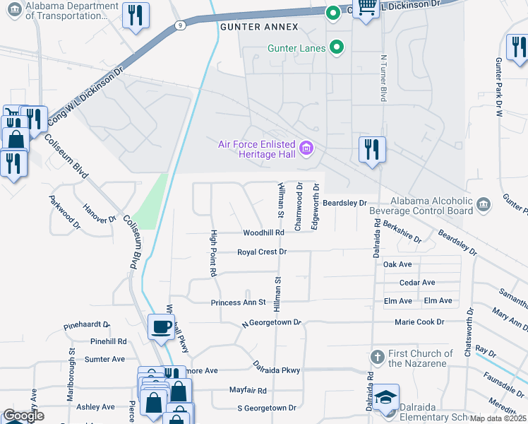 map of restaurants, bars, coffee shops, grocery stores, and more near 1527 Pine Ridge Court in Montgomery